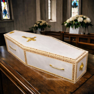 WHITE COFFIN WITH GOLDEN STUFF PREMIUM INSIDE